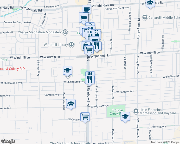 map of restaurants, bars, coffee shops, grocery stores, and more near 6897 Cavatina Avenue in Las Vegas