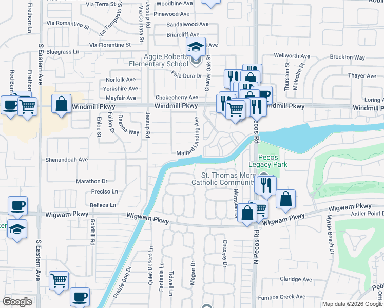 map of restaurants, bars, coffee shops, grocery stores, and more near 2707 Mallard Landing Avenue in Henderson