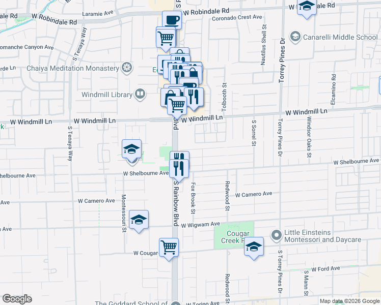 map of restaurants, bars, coffee shops, grocery stores, and more near 6847 Cavatina Avenue in Las Vegas