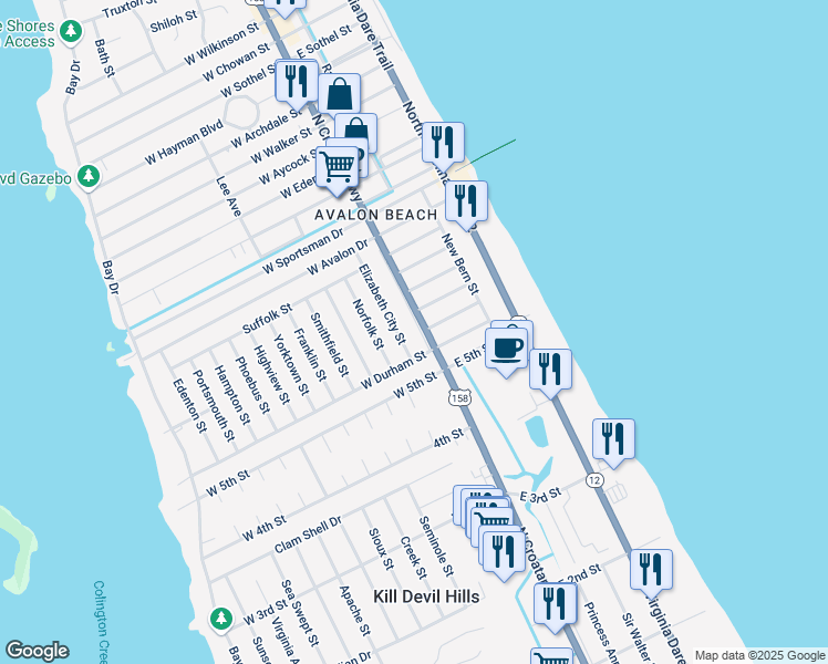 map of restaurants, bars, coffee shops, grocery stores, and more near 2014 North Croatan Highway in Kill Devil Hills
