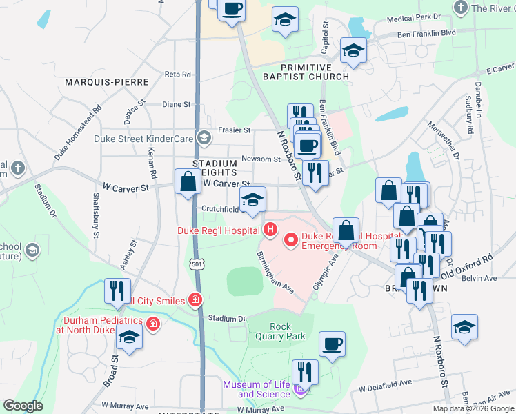 map of restaurants, bars, coffee shops, grocery stores, and more near 210 Crutchfield Street in Durham