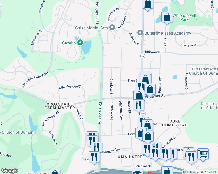 map of restaurants, bars, coffee shops, grocery stores, and more near 2219 Charlotte Street in Durham