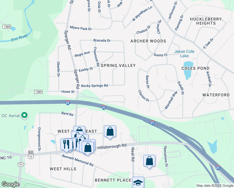 map of restaurants, bars, coffee shops, grocery stores, and more near 84 Sparger Springs Lane in Durham