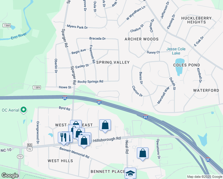 map of restaurants, bars, coffee shops, grocery stores, and more near 84 Sparger Springs Lane in Durham