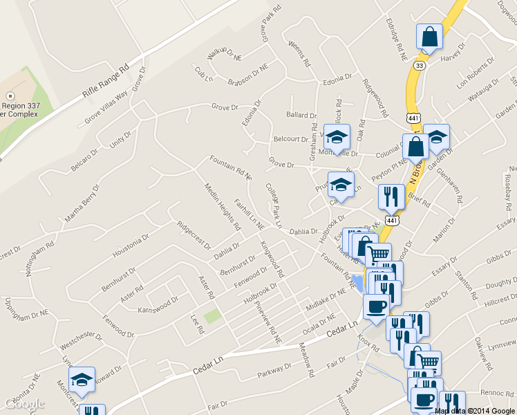 map of restaurants, bars, coffee shops, grocery stores, and more near 101 College Park Lane in Knoxville