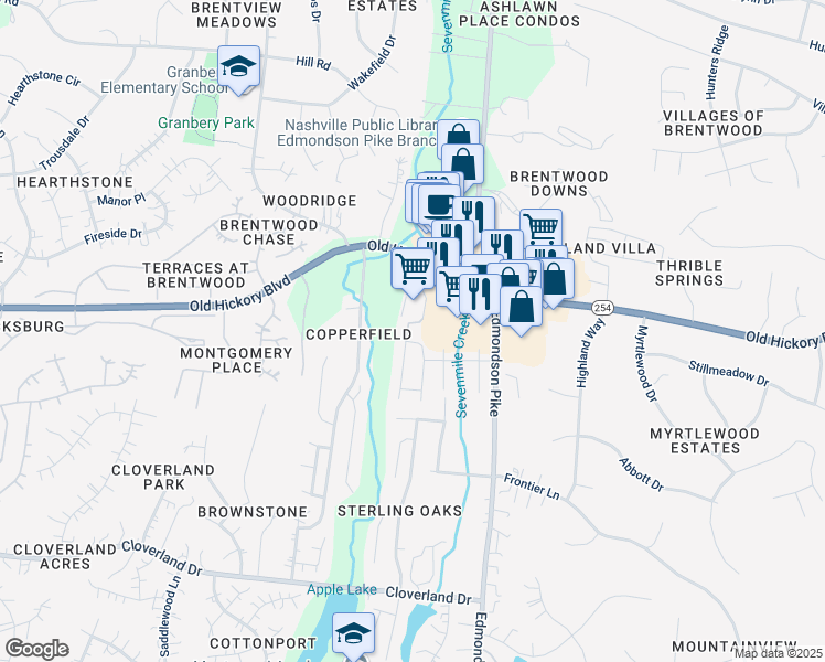 map of restaurants, bars, coffee shops, grocery stores, and more near 448 Lazy Creek Lane in Nashville
