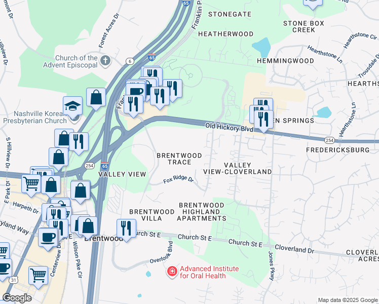 map of restaurants, bars, coffee shops, grocery stores, and more near 5777 Brentwood Trace in Brentwood