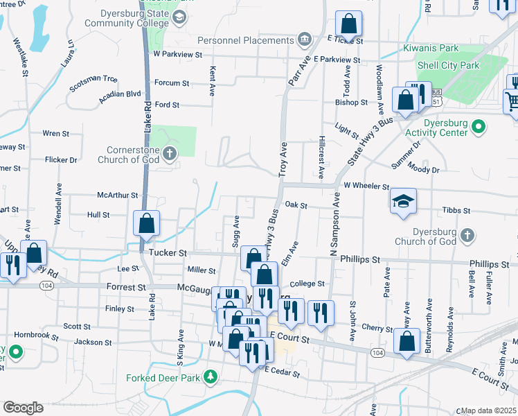 map of restaurants, bars, coffee shops, grocery stores, and more near 615 Vaughn Avenue in Dyersburg