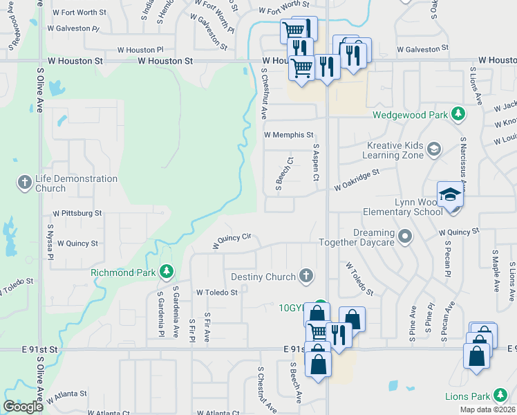map of restaurants, bars, coffee shops, grocery stores, and more near 1412 South Chestnut Avenue in Broken Arrow