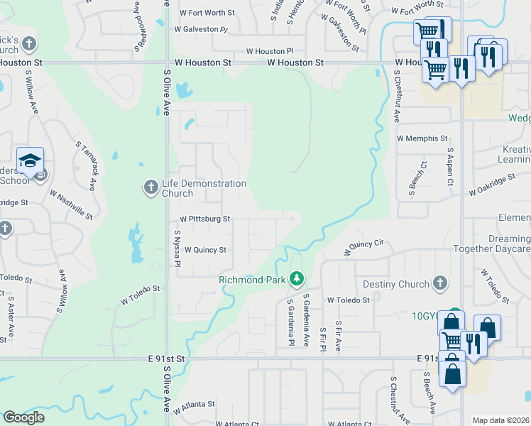 map of restaurants, bars, coffee shops, grocery stores, and more near 3106 West Pittsburg Street in Broken Arrow