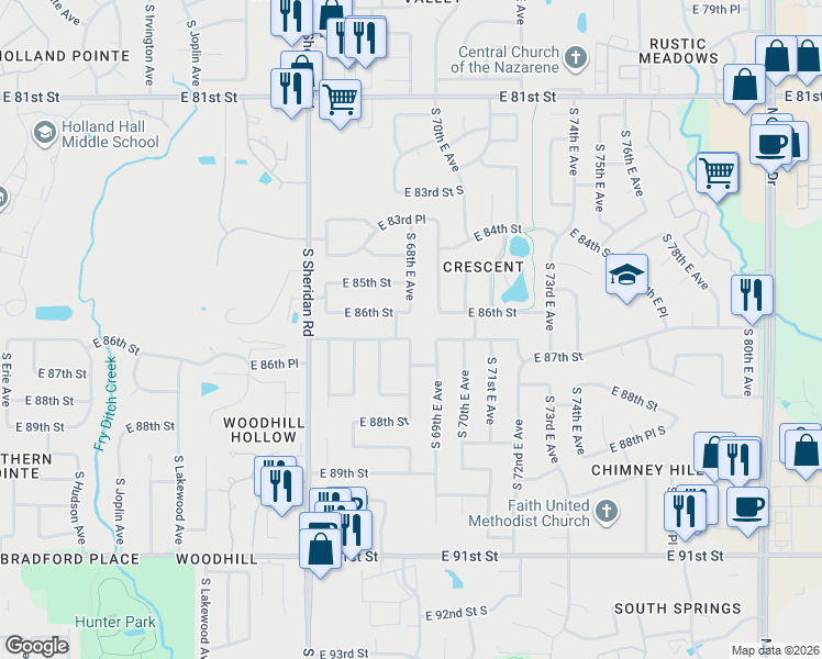 map of restaurants, bars, coffee shops, grocery stores, and more near 8616 South 69th East Avenue in Tulsa