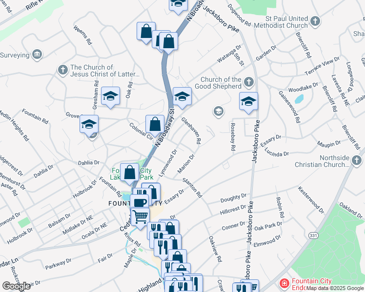 map of restaurants, bars, coffee shops, grocery stores, and more near 230 Lynnwood Drive in Knoxville