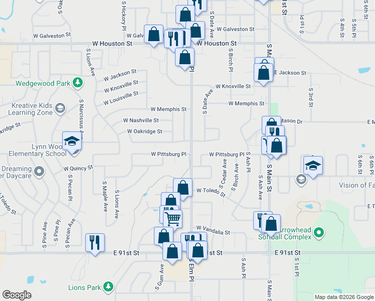 map of restaurants, bars, coffee shops, grocery stores, and more near 702 West Pittsburg Place in Broken Arrow