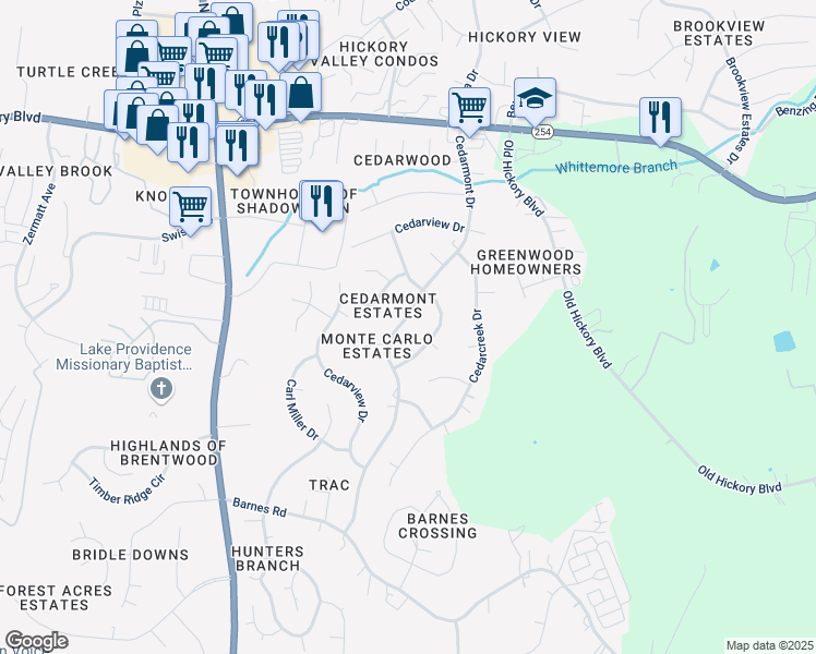 map of restaurants, bars, coffee shops, grocery stores, and more near 414 Cedarmont Drive in Nashville
