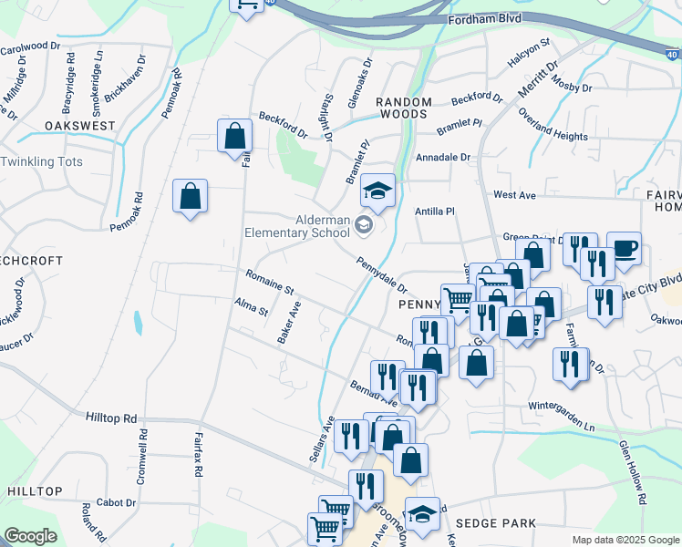 map of restaurants, bars, coffee shops, grocery stores, and more near 8 Periwinkle Court in Greensboro