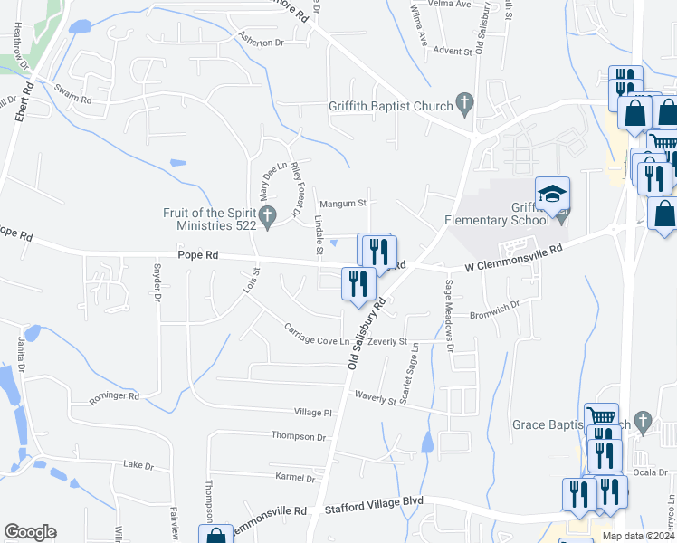 map of restaurants, bars, coffee shops, grocery stores, and more near 1717 Silver Chase Court in Winston-Salem