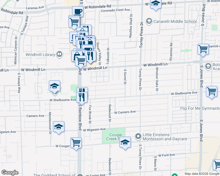 map of restaurants, bars, coffee shops, grocery stores, and more near 6694 Melodic Court in Las Vegas