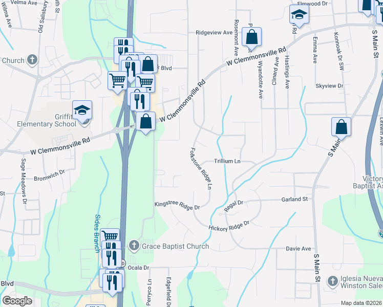 map of restaurants, bars, coffee shops, grocery stores, and more near 1231 Folkstone Ridge Lane in Winston-Salem