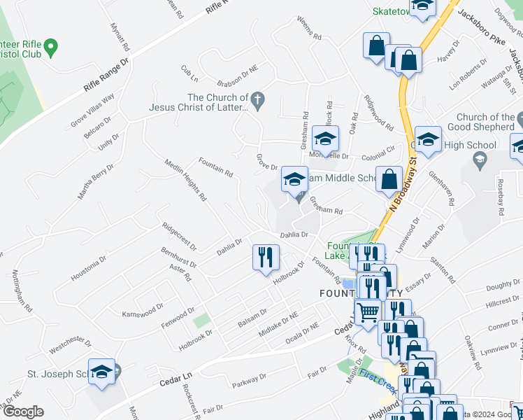 map of restaurants, bars, coffee shops, grocery stores, and more near 101 College Park Lane in Knoxville