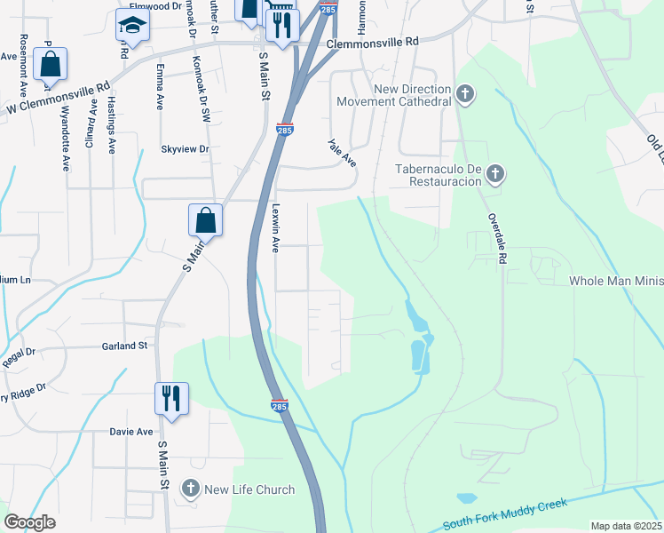map of restaurants, bars, coffee shops, grocery stores, and more near Wainwright Street in Winston-Salem