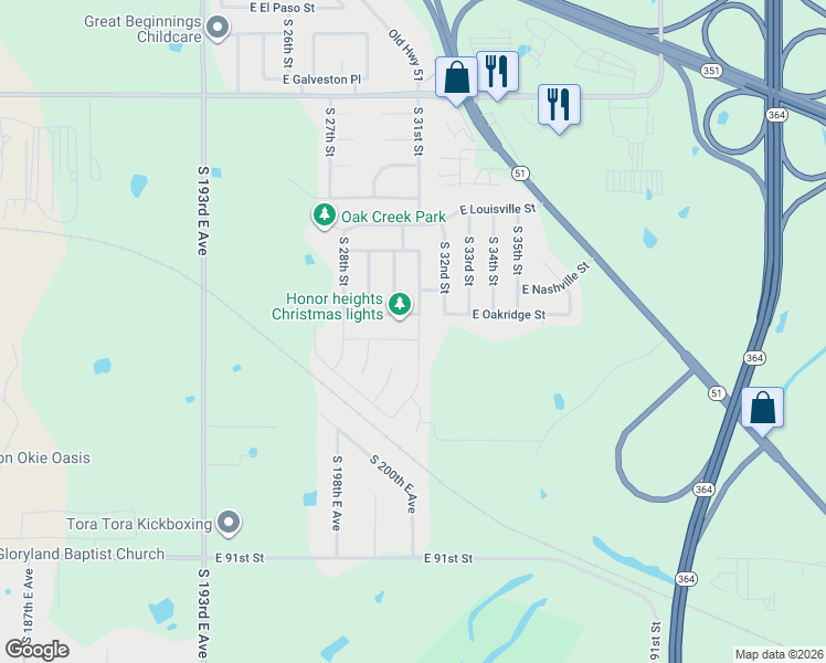 map of restaurants, bars, coffee shops, grocery stores, and more near 3001 East Oakridge Street in Broken Arrow