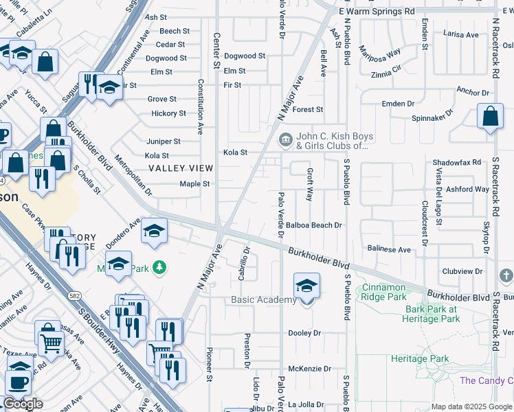 map of restaurants, bars, coffee shops, grocery stores, and more near 314 Sonoma Drive in Henderson