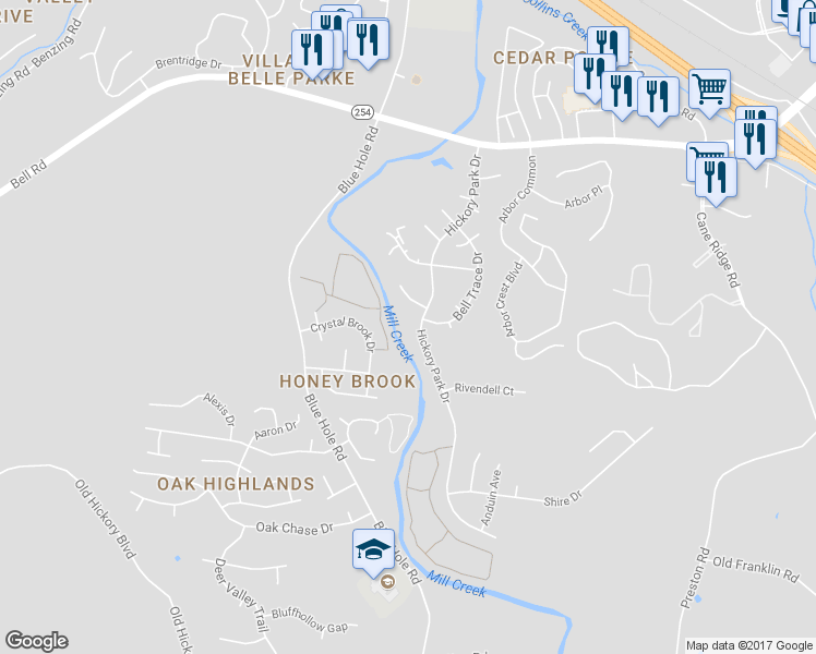 map of restaurants, bars, coffee shops, grocery stores, and more near 5427 Hickory Park Drive in Nashville