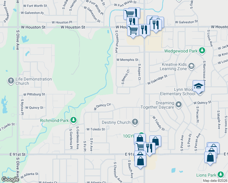 map of restaurants, bars, coffee shops, grocery stores, and more near 1412 South Chestnut Avenue in Broken Arrow
