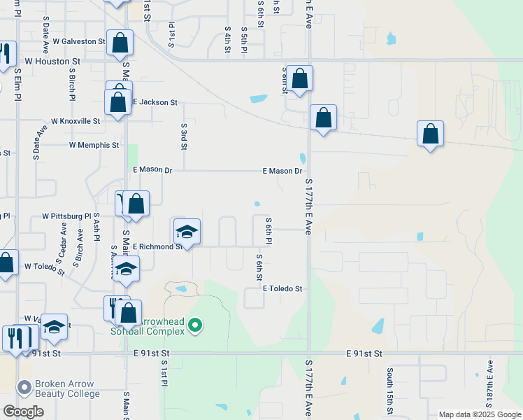 map of restaurants, bars, coffee shops, grocery stores, and more near 1600 South 6th Street in Broken Arrow