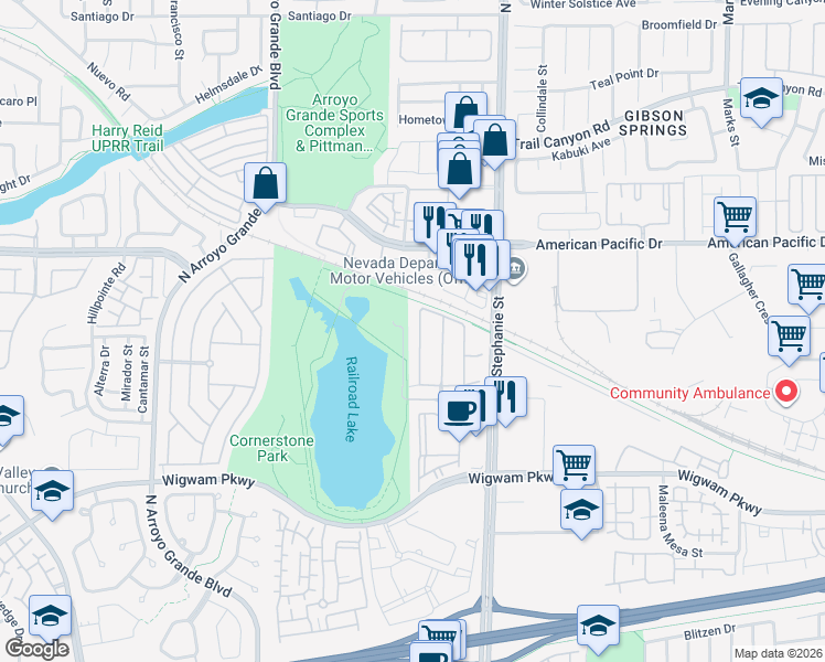 map of restaurants, bars, coffee shops, grocery stores, and more near 163 Fulgora Street in Henderson