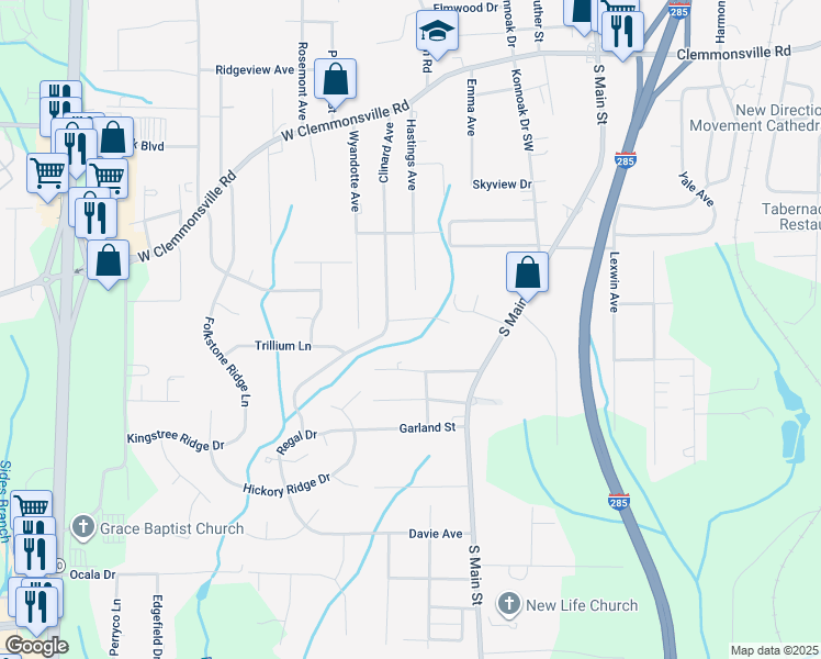 map of restaurants, bars, coffee shops, grocery stores, and more near 710 Bellingham Road in Winston-Salem
