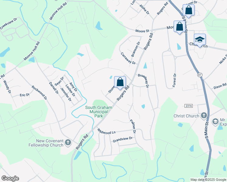 map of restaurants, bars, coffee shops, grocery stores, and more near 1522 Stonegate Drive in Graham