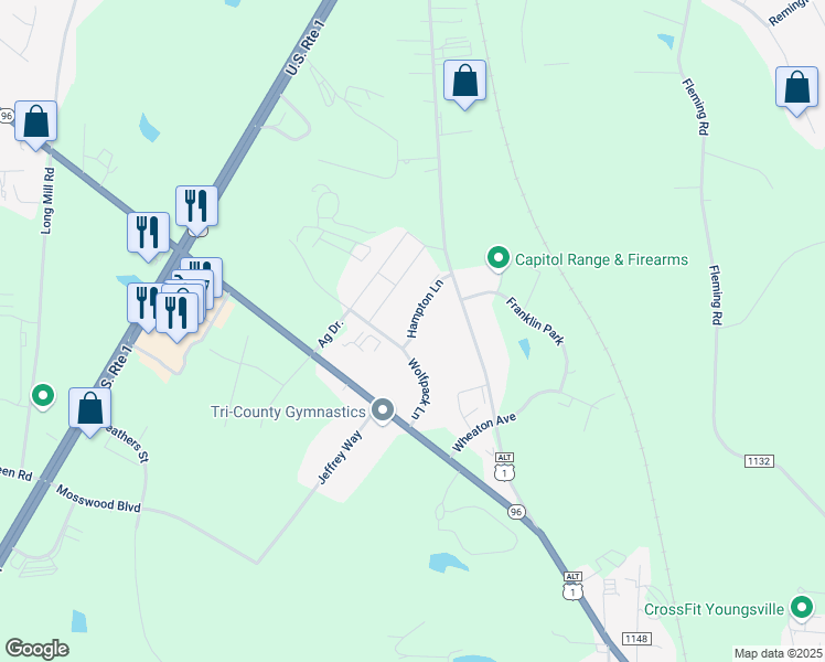 map of restaurants, bars, coffee shops, grocery stores, and more near 500 Hampton Lane in Youngsville