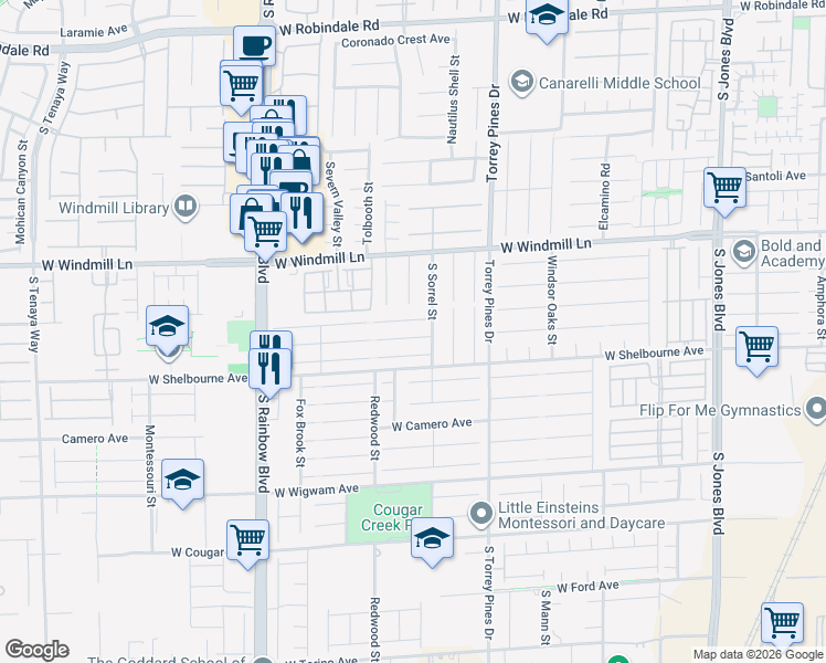 map of restaurants, bars, coffee shops, grocery stores, and more near 6624 Melodic Court in Las Vegas