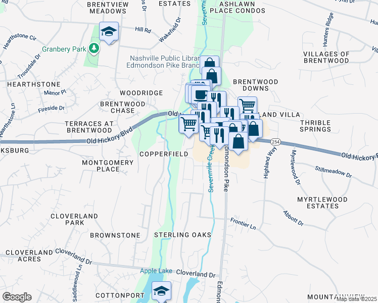 map of restaurants, bars, coffee shops, grocery stores, and more near 448 Lazy Creek Lane in Nashville