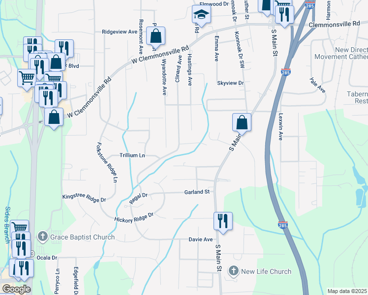map of restaurants, bars, coffee shops, grocery stores, and more near Bellingham Road in Winston-Salem