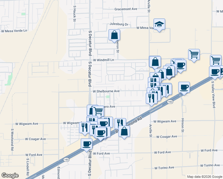 map of restaurants, bars, coffee shops, grocery stores, and more near 4730 West Shelbourne Avenue in Las Vegas