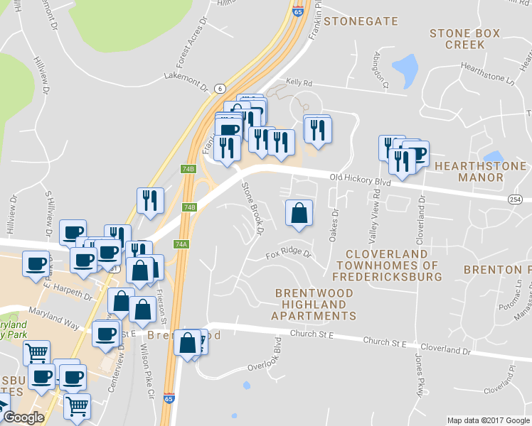 map of restaurants, bars, coffee shops, grocery stores, and more near 5710 Stone Brook Drive in Brentwood
