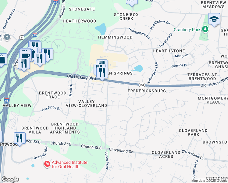 map of restaurants, bars, coffee shops, grocery stores, and more near 909 Brenton Park Court in Brentwood