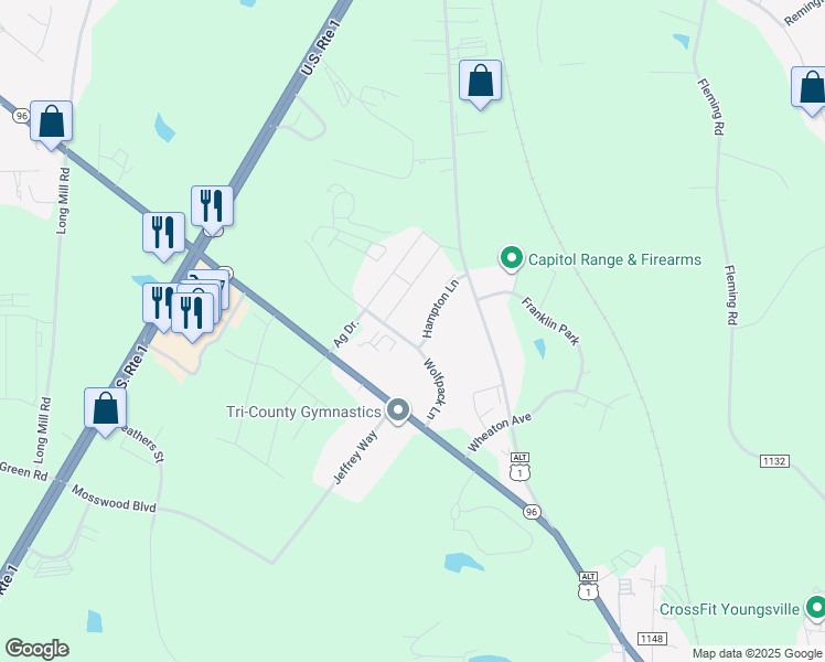map of restaurants, bars, coffee shops, grocery stores, and more near 700 Hampton Lane in Youngsville