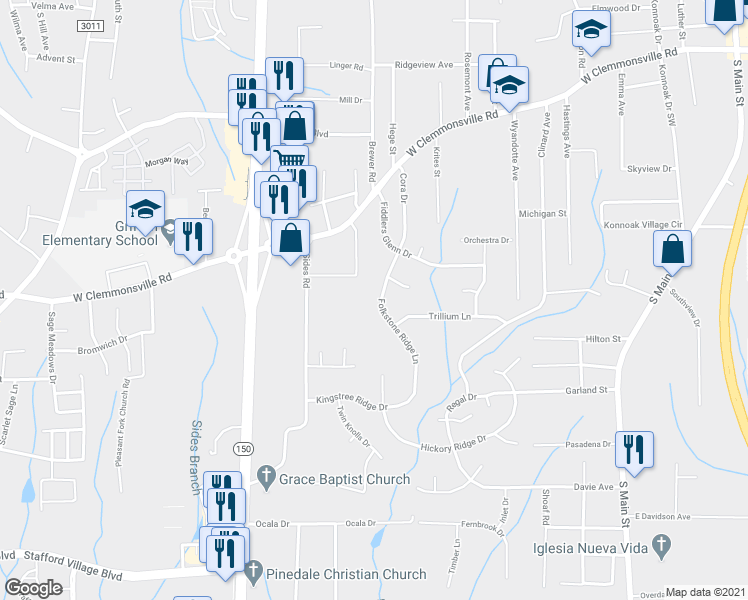 map of restaurants, bars, coffee shops, grocery stores, and more near 1231 Folkstone Ridge Lane in Winston-Salem
