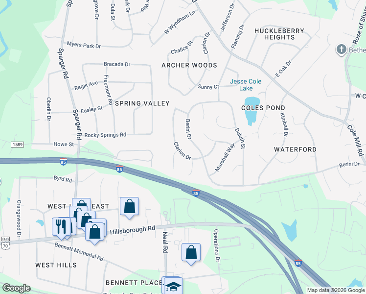 map of restaurants, bars, coffee shops, grocery stores, and more near 526 Clarion Drive in Durham