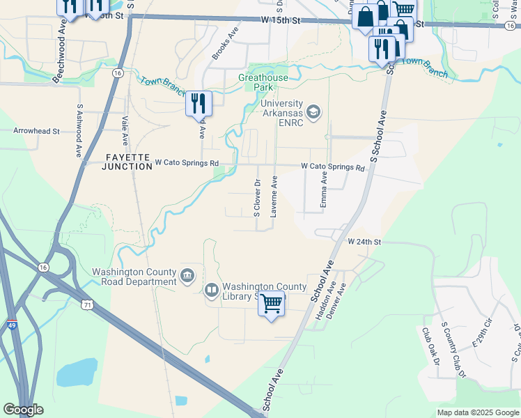 map of restaurants, bars, coffee shops, grocery stores, and more near 2248 South Clover Drive in Fayetteville