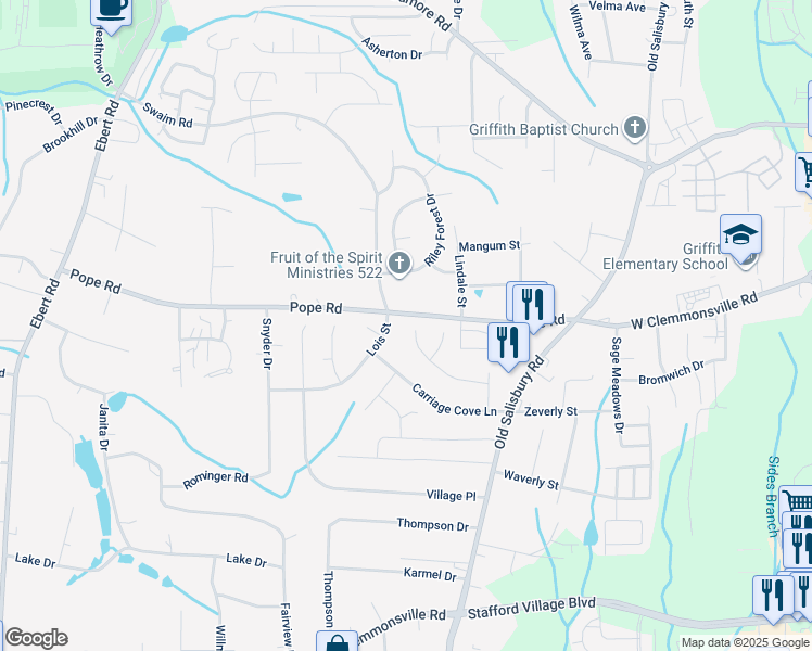 map of restaurants, bars, coffee shops, grocery stores, and more near 1672 Quillmark Road in Winston-Salem