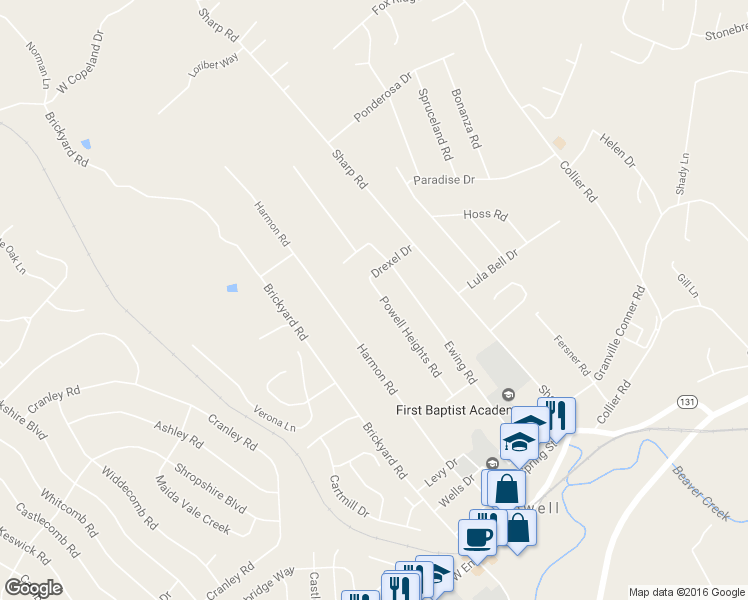 map of restaurants, bars, coffee shops, grocery stores, and more near 8021 Powell Heights Road in Powell
