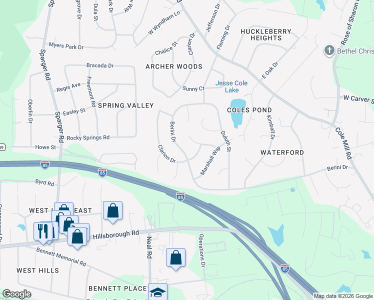 map of restaurants, bars, coffee shops, grocery stores, and more near 4506 Berini Drive in Durham