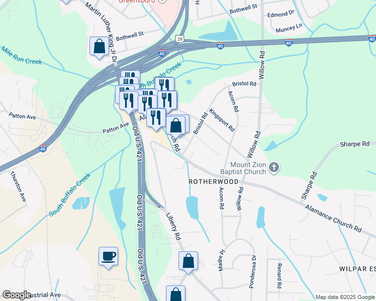 map of restaurants, bars, coffee shops, grocery stores, and more near 1101 Alamance Church Road in Greensboro