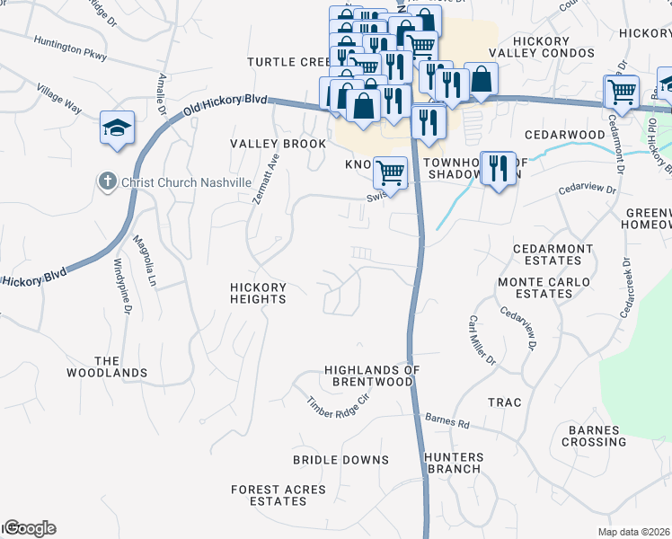 map of restaurants, bars, coffee shops, grocery stores, and more near 108 Shadow Glen Drive in Nashville