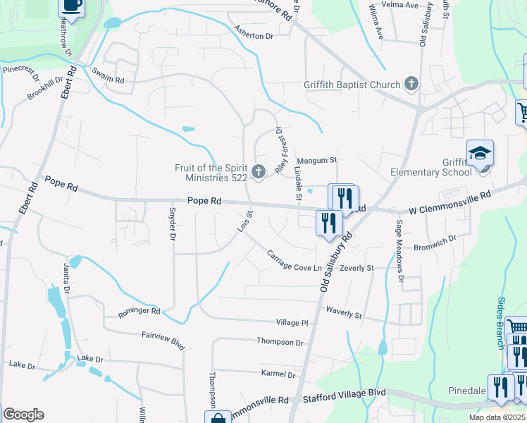 map of restaurants, bars, coffee shops, grocery stores, and more near 1672 Quillmark Road in Winston-Salem