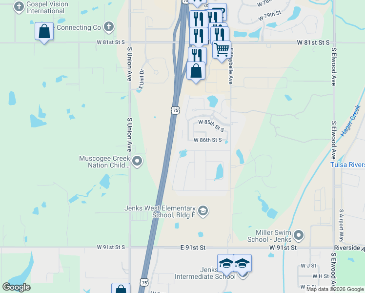 map of restaurants, bars, coffee shops, grocery stores, and more near 8620 South Quanah Avenue in Tulsa